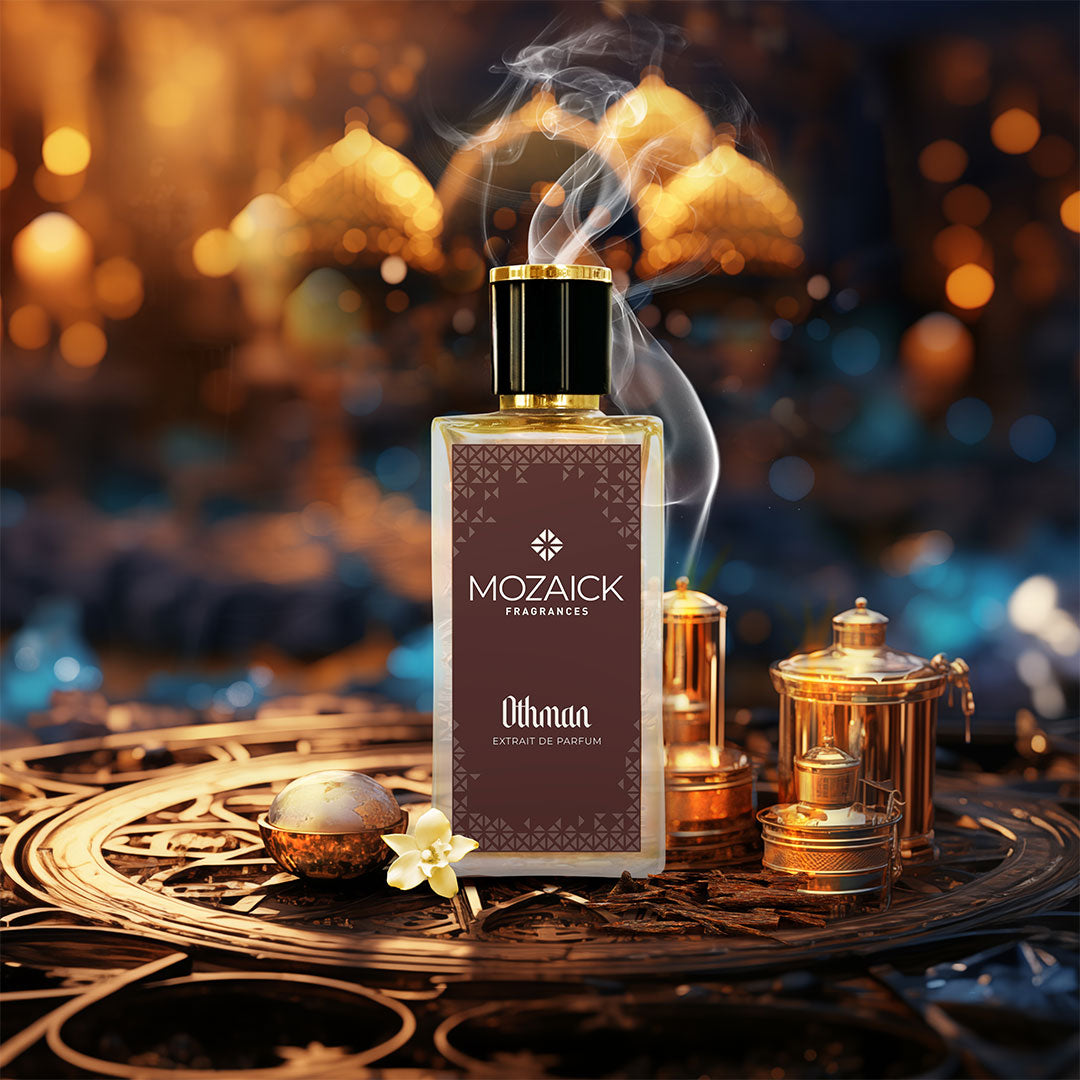 OTHMAN Extrait de Parfum 50 ml by MOZAICK – bottle with copper vessels and smoke against warm lights
